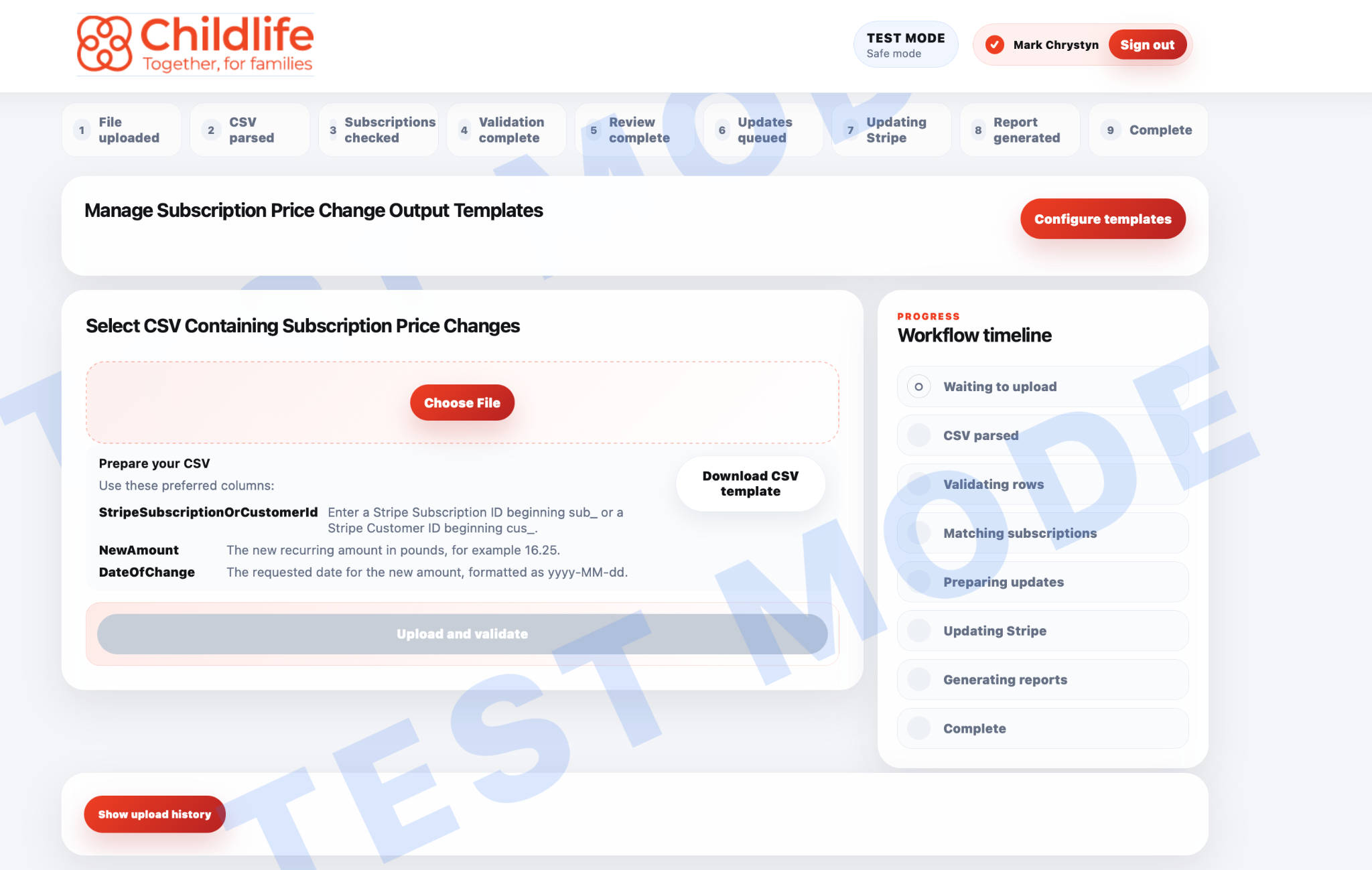 Upload screen in the Stripe Integrations Portal