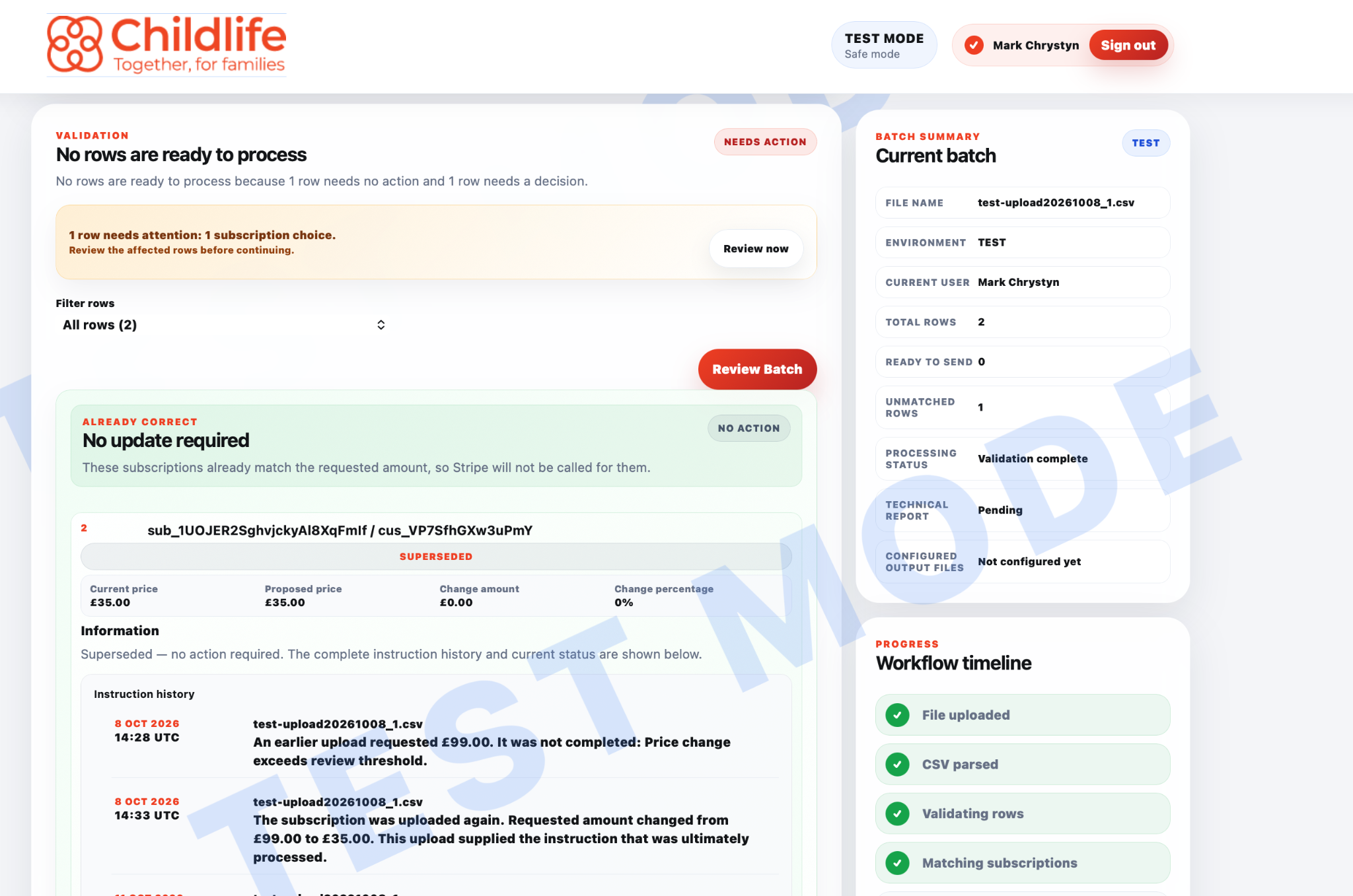 Validation screen in the Stripe Integrations Portal
