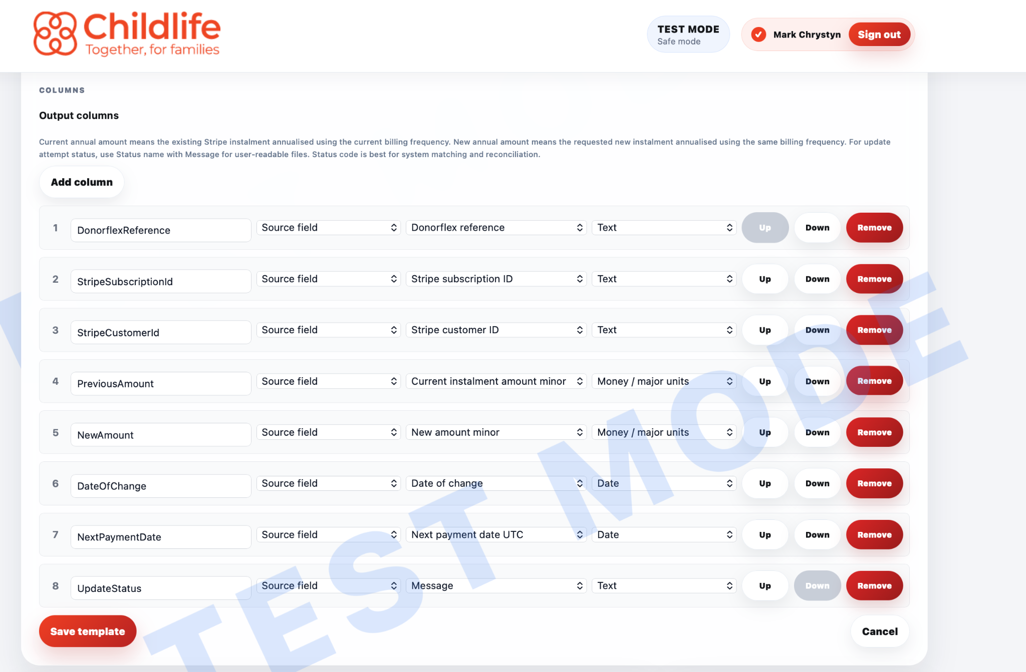 Columns screen in the Stripe Integrations Portal