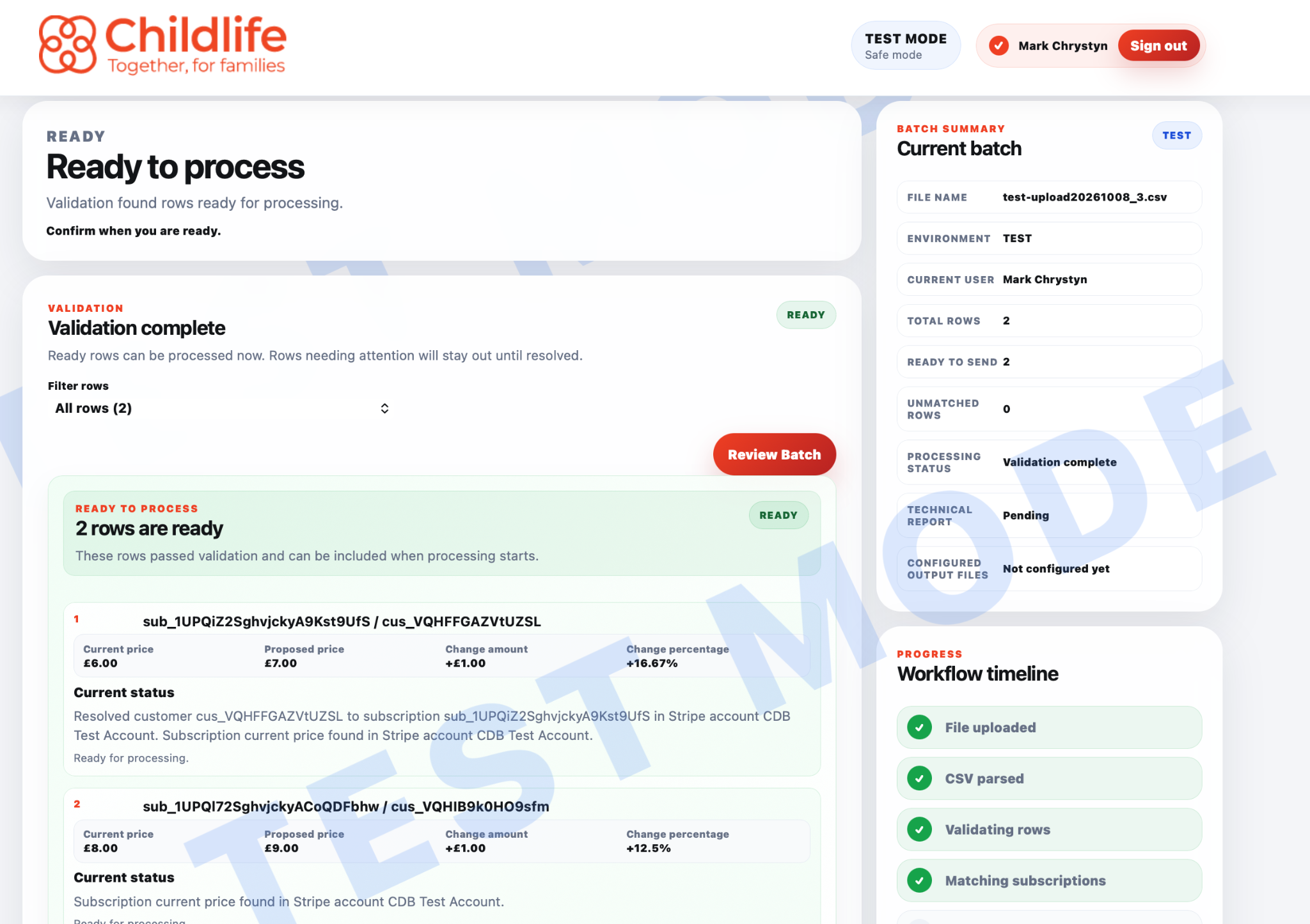 Review screen in the Stripe Integrations Portal